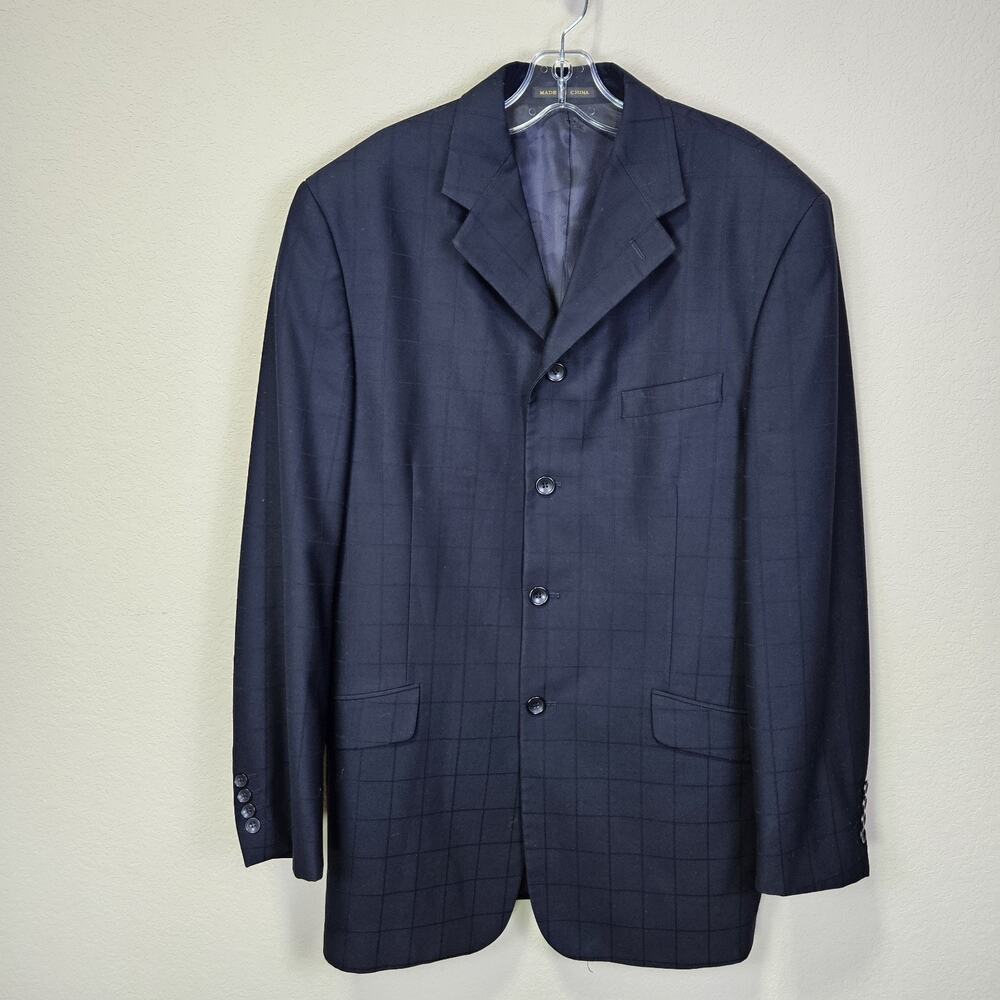 Italian Windowpane Overcoat Blazer Mens 40L Long Black Jacket Quiet Luxury Suit